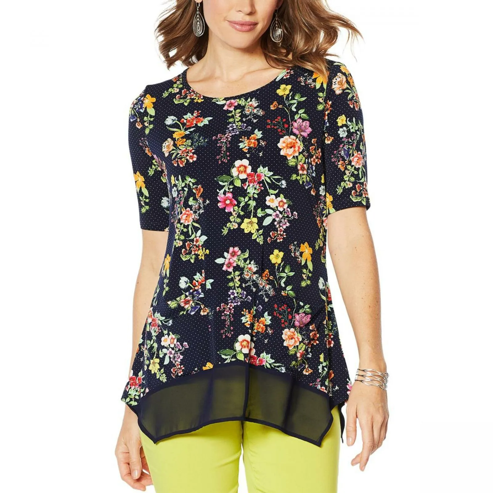 Nina Leonard Women's Mixed Media Tunic Top With Pockets