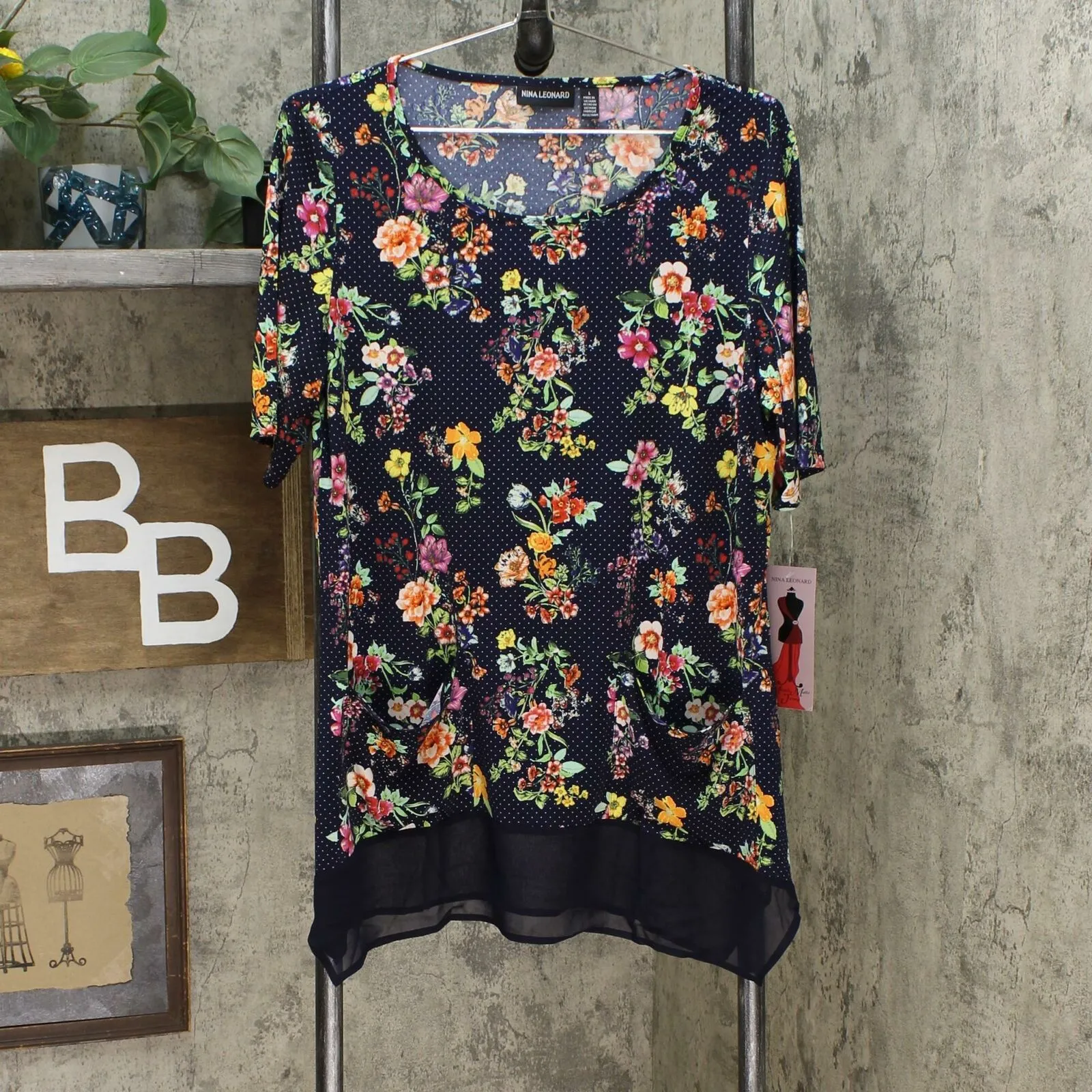 Nina Leonard Women's Mixed Media Tunic Top With Pockets