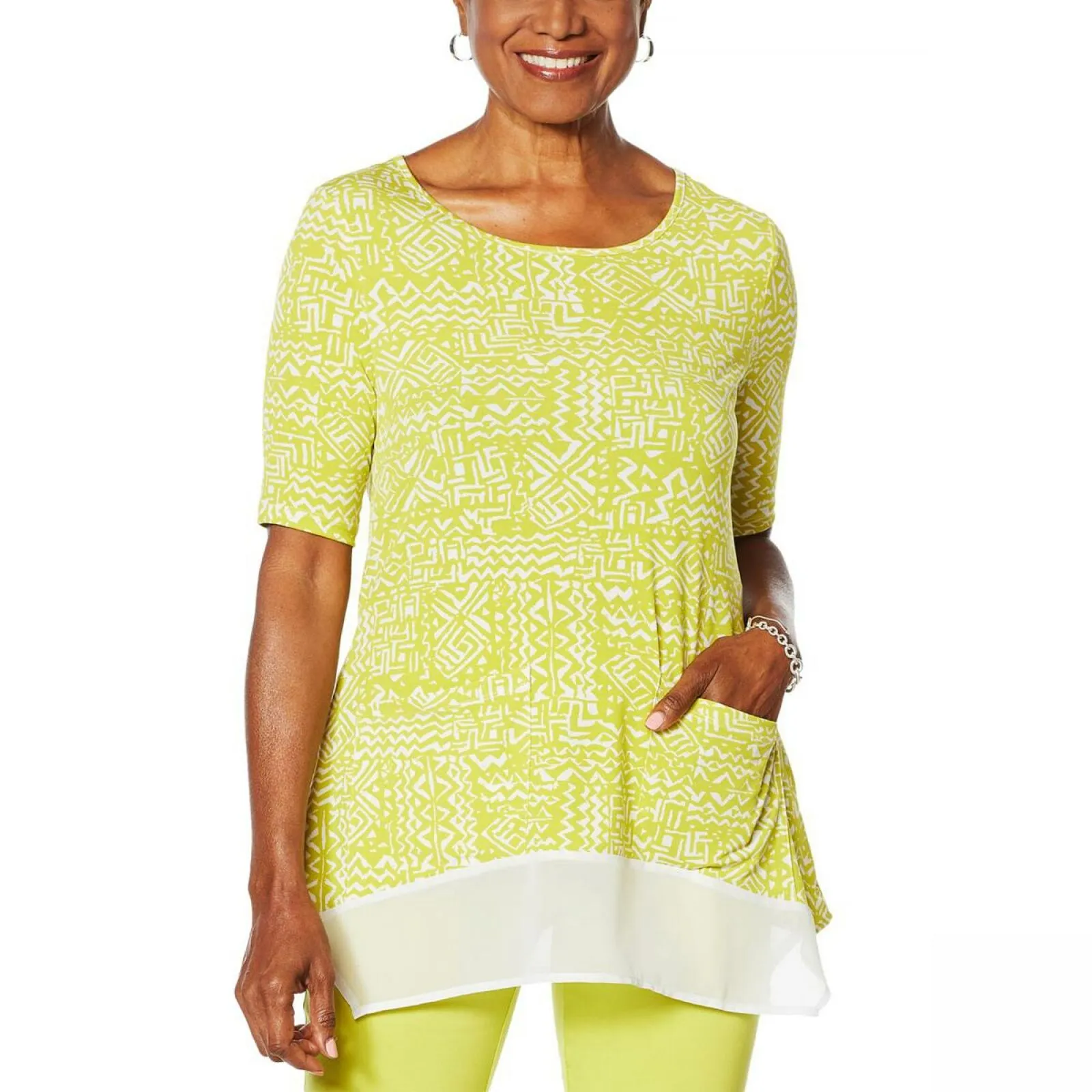 Nina Leonard Women's Mixed Media Tunic Top With Pockets