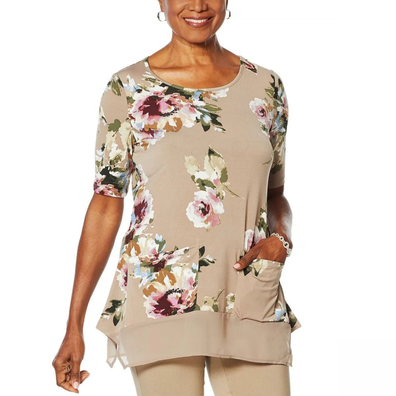 Nina Leonard Women's Mixed Media Tunic Top With Pockets