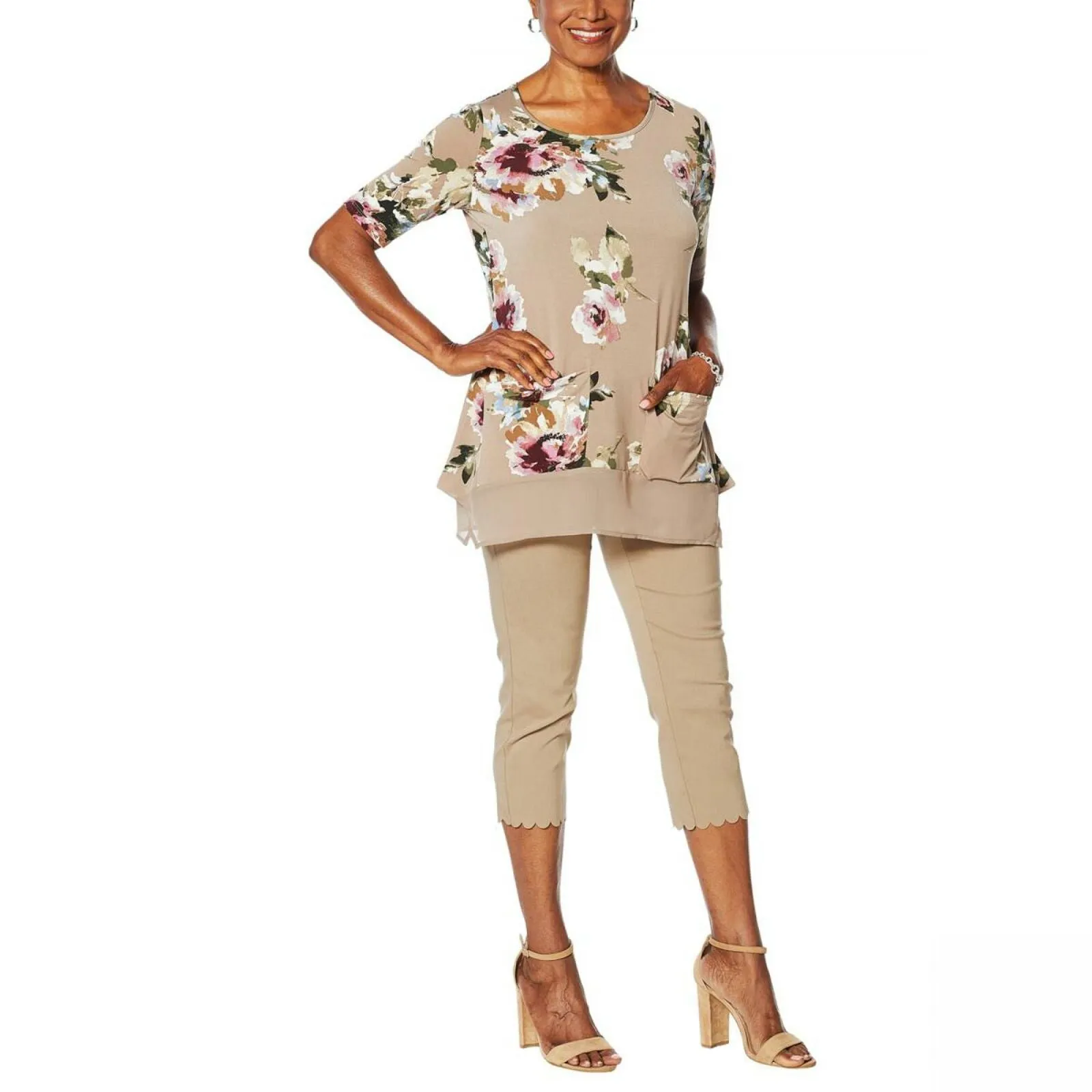 Nina Leonard Women's Mixed Media Tunic Top With Pockets