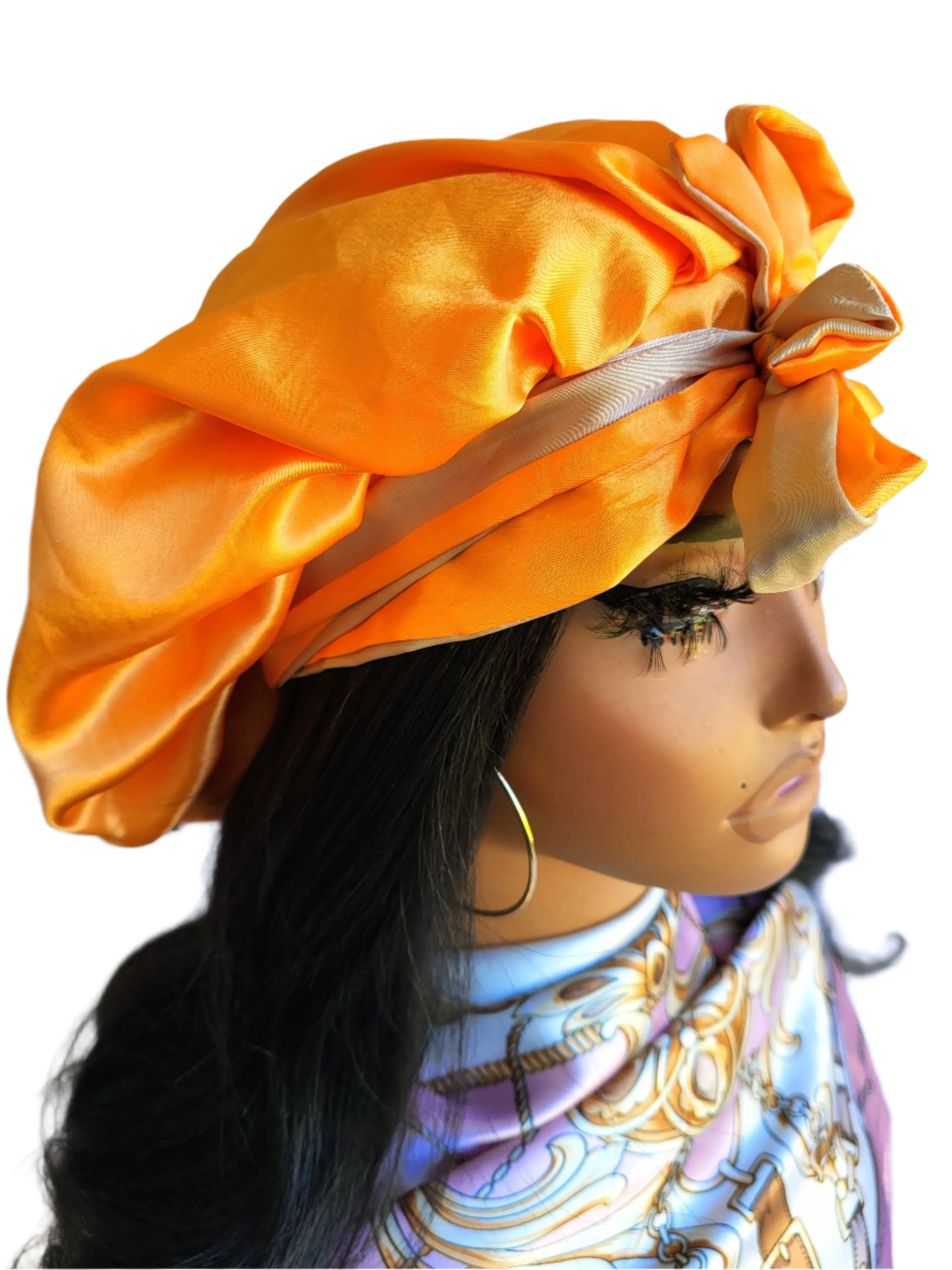 ORANGE & KHAKI Reversible Sleeping Satin Hair Tying Bonnet