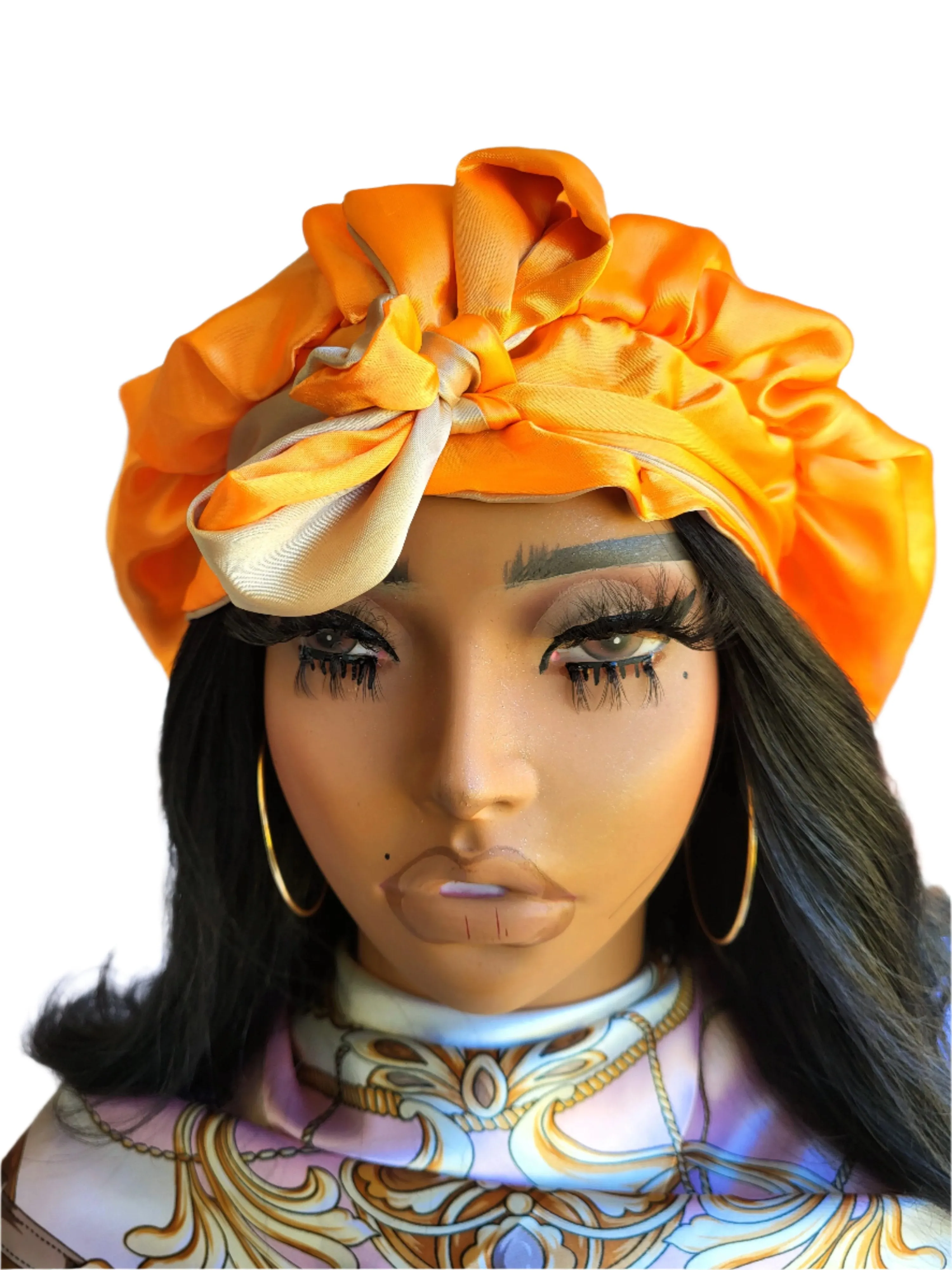 ORANGE & KHAKI Reversible Sleeping Satin Hair Tying Bonnet
