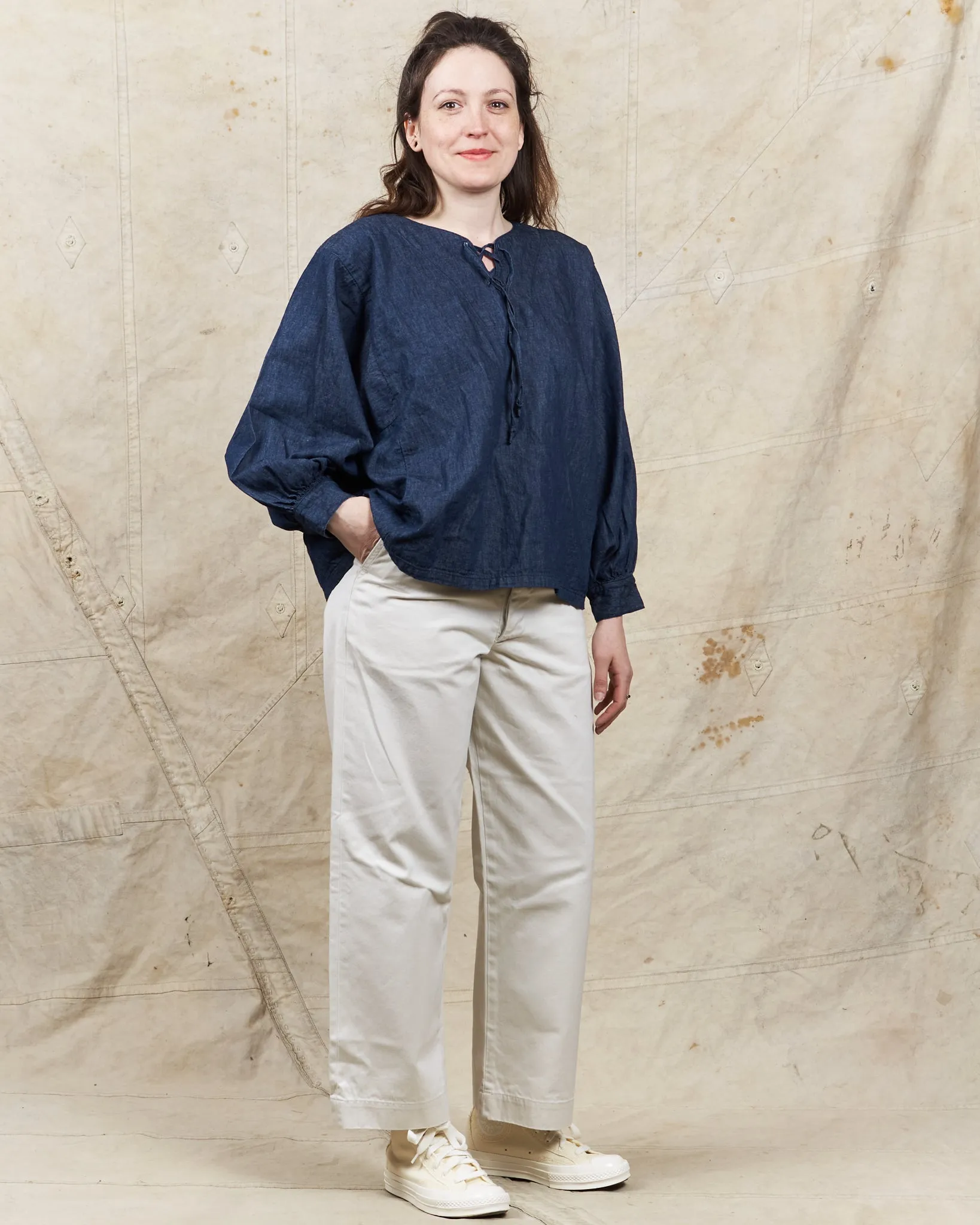 OrSlow Cotton/Linen Denim Lace Up Shirt