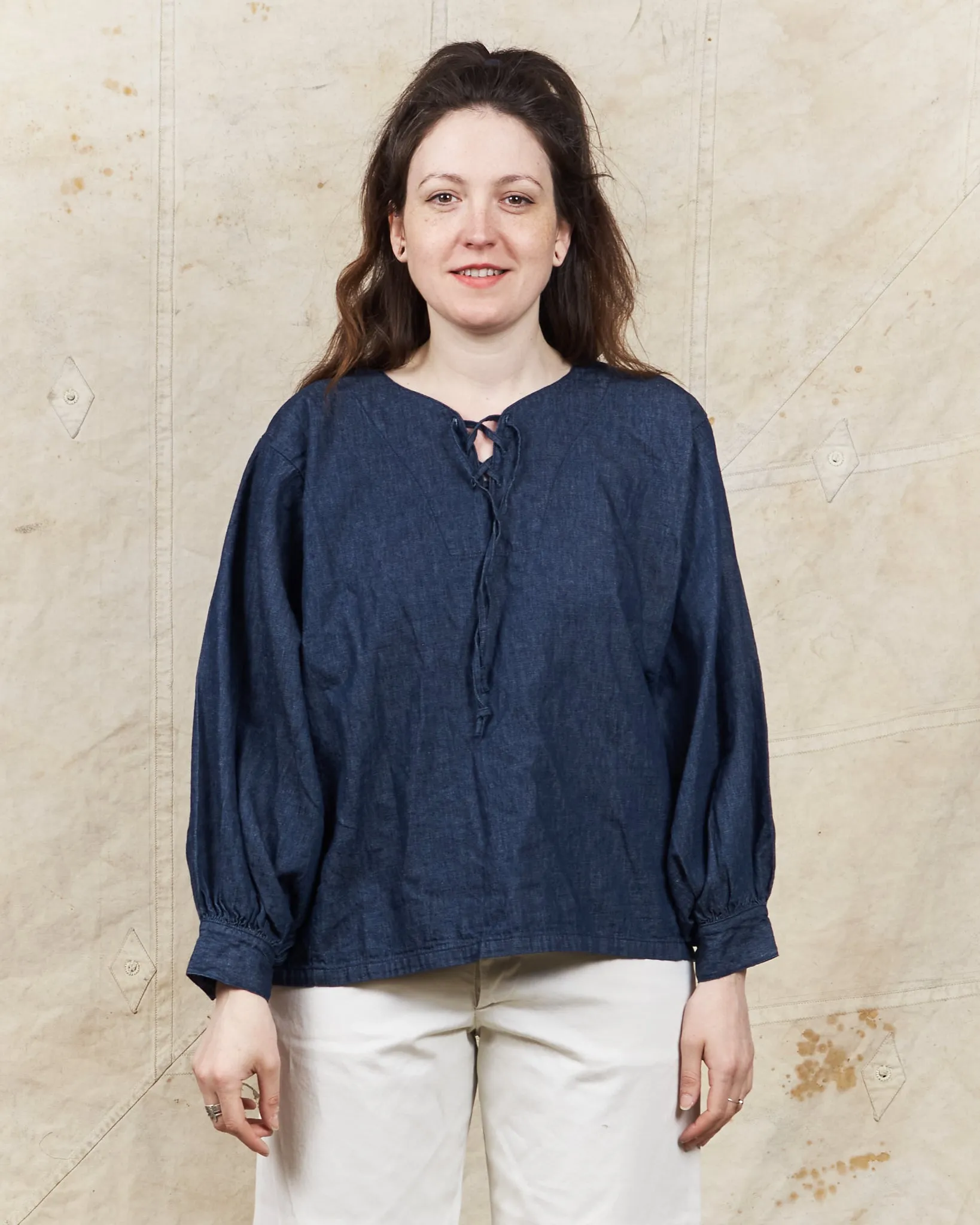 OrSlow Cotton/Linen Denim Lace Up Shirt