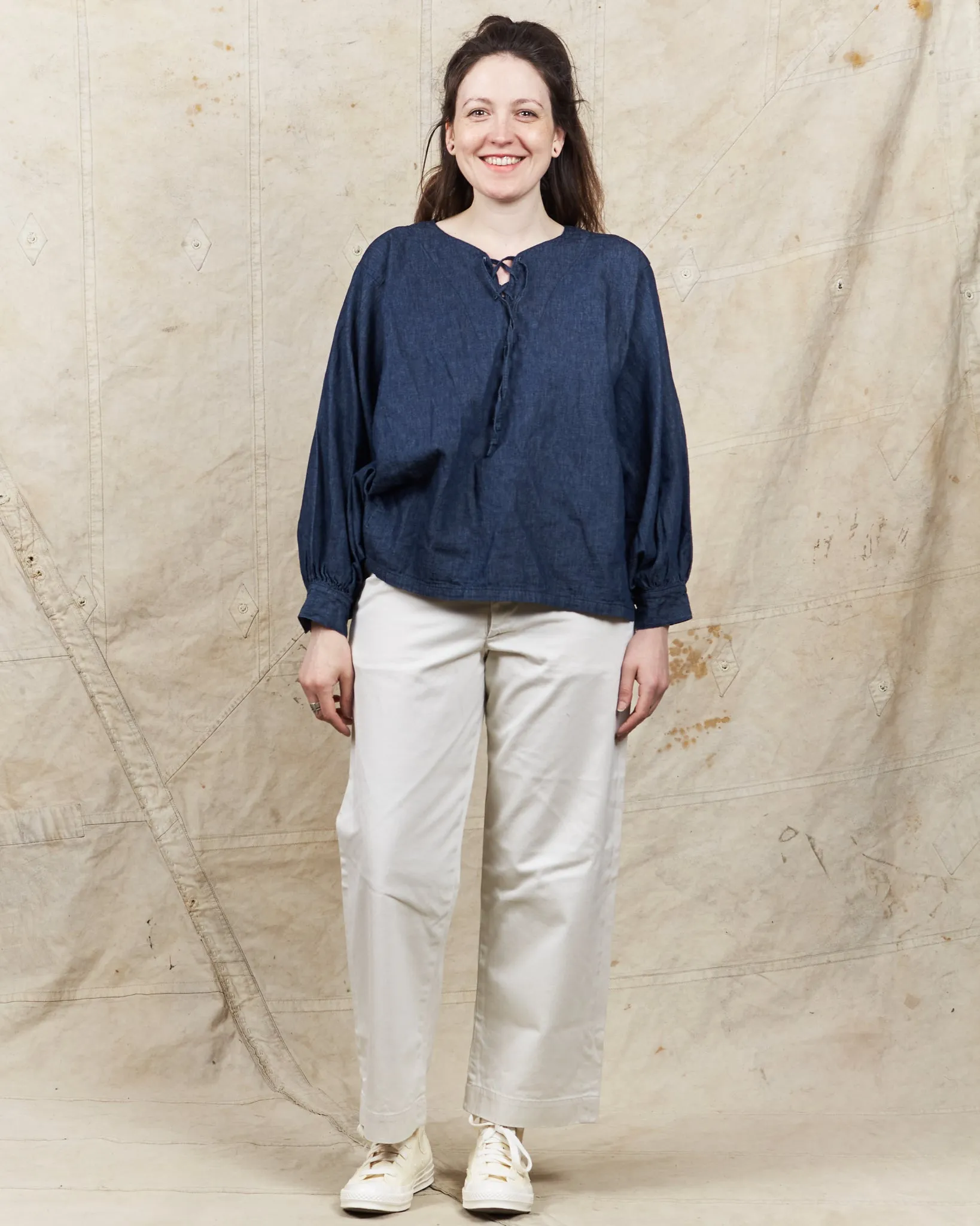 OrSlow Cotton/Linen Denim Lace Up Shirt
