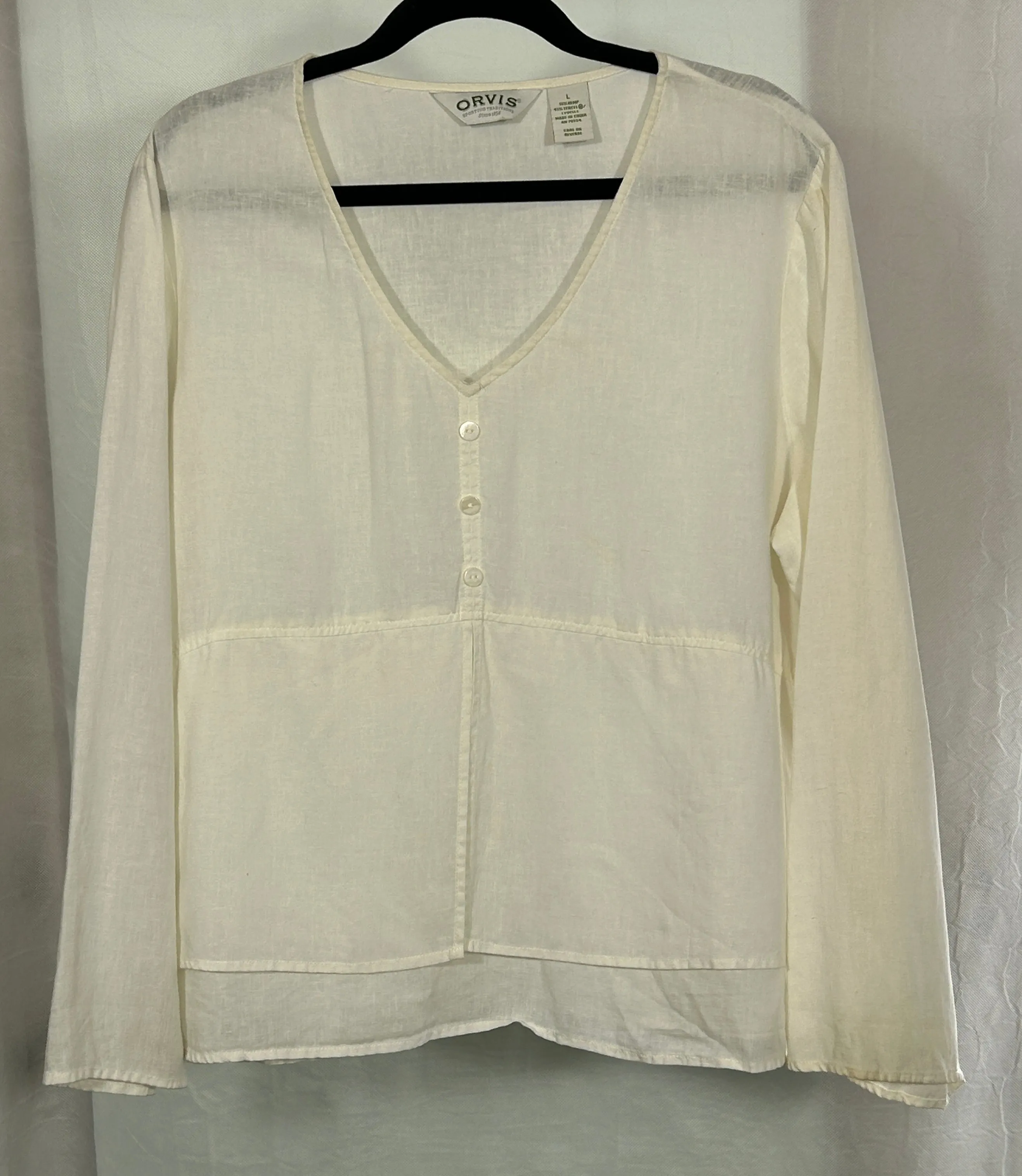 Orvis Women's Ivory V-Neck Button Front Blouse – Hemp Tencel Blend, Size Large