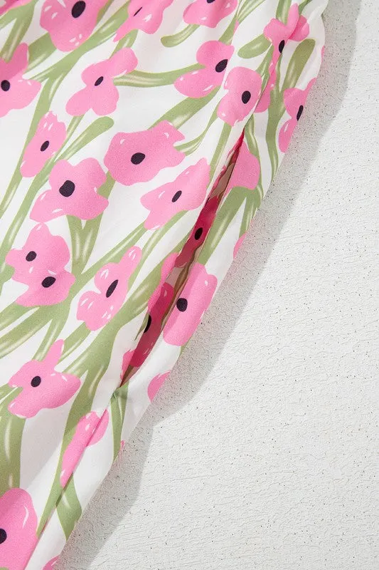 Pink Floral Square Neck Ruffled Strap Maxi Dress
