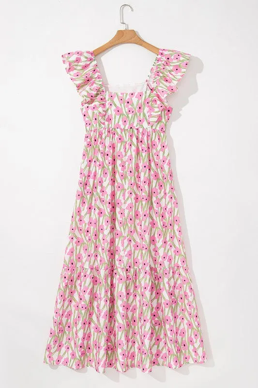 Pink Floral Square Neck Ruffled Strap Maxi Dress