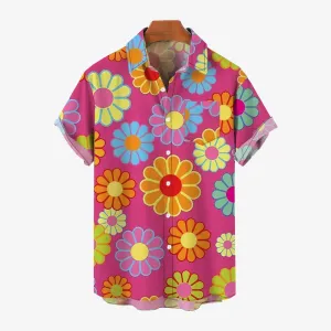 Pink Flower Oversized Bamboo Linen Short Sleeve Shirt