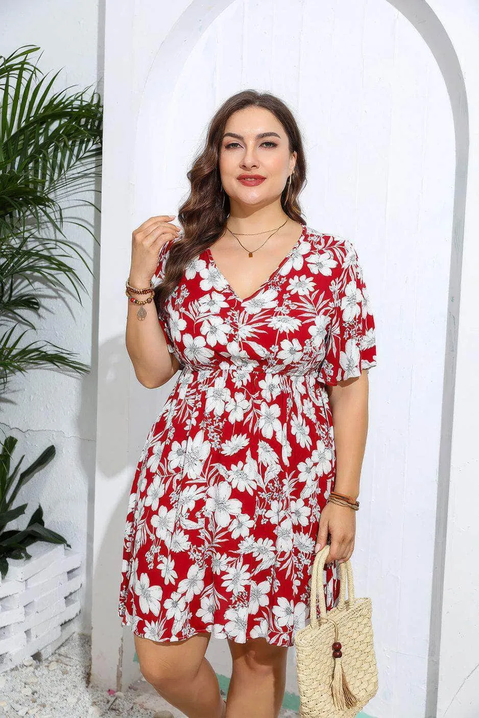 Plus Size Floral Print V Neck Flared Sleeves Dress