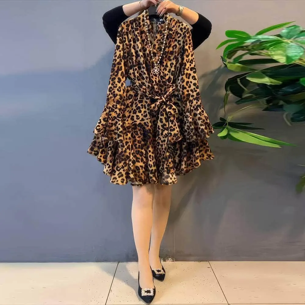 Plus Size Leopard Print Frill Tiered Skater Dress