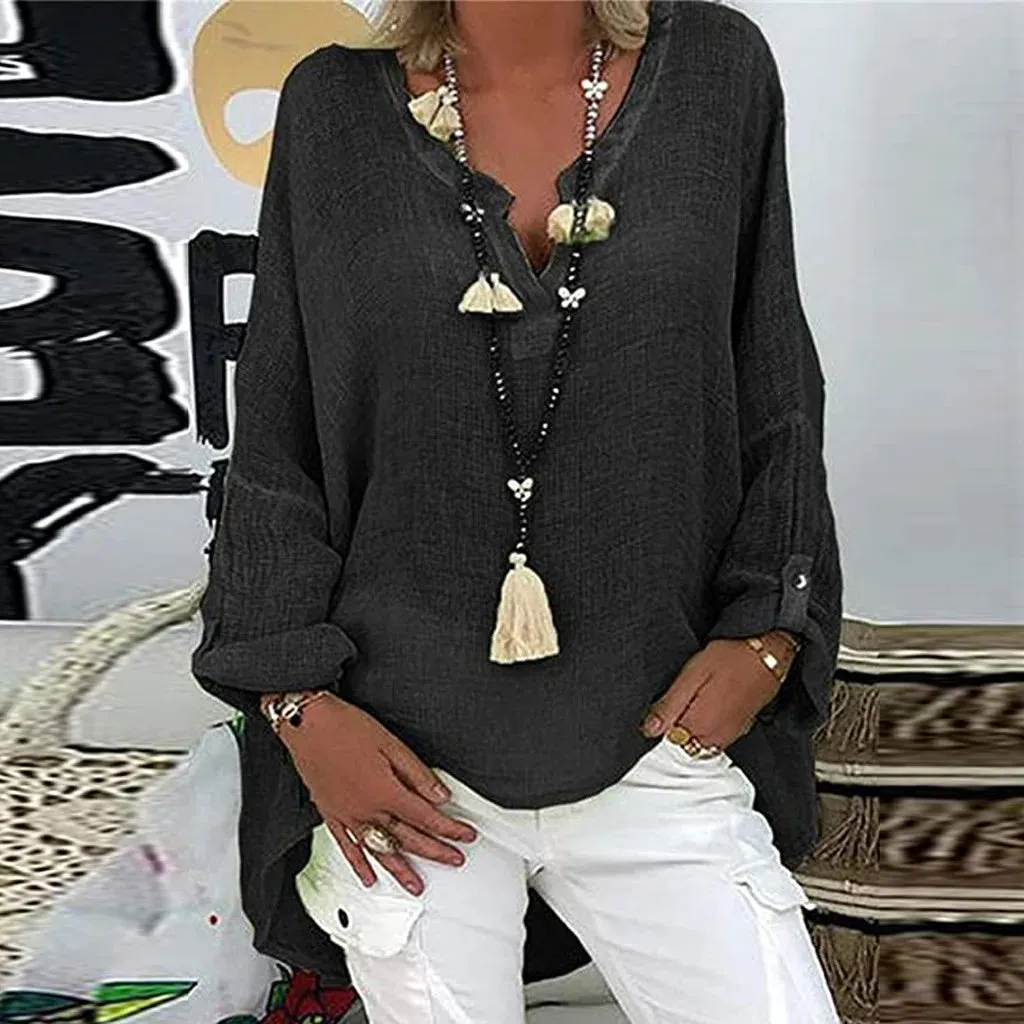 Plus Size Women's Summer New V Neck Solid Top Casual Women Linen Shirt Round Neck T-shirt Short Sleeve Tops Loose Blouse