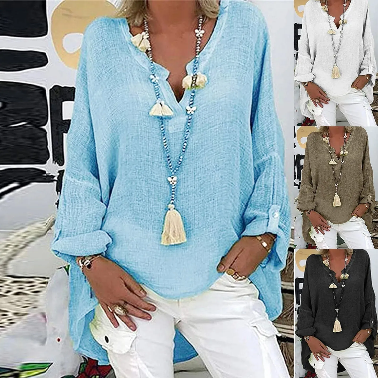 Plus Size Women's Summer New V Neck Solid Top Casual Women Linen Shirt Round Neck T-shirt Short Sleeve Tops Loose Blouse