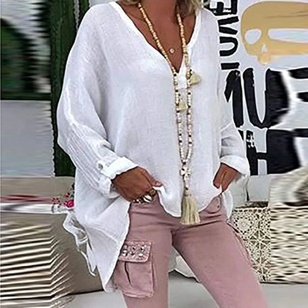 Plus Size Women's Summer New V Neck Solid Top Casual Women Linen Shirt Round Neck T-shirt Short Sleeve Tops Loose Blouse