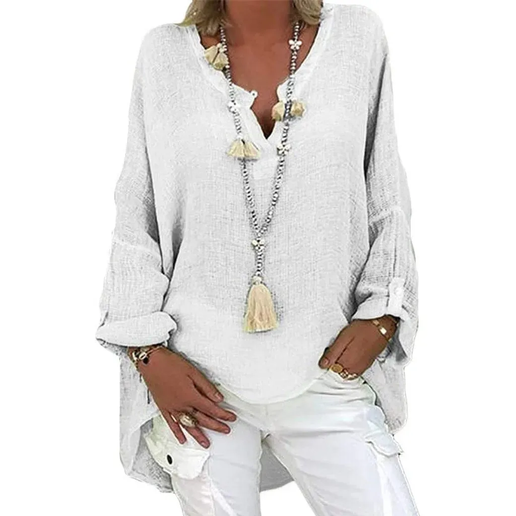 Plus Size Women's Summer New V Neck Solid Top Casual Women Linen Shirt Round Neck T-shirt Short Sleeve Tops Loose Blouse