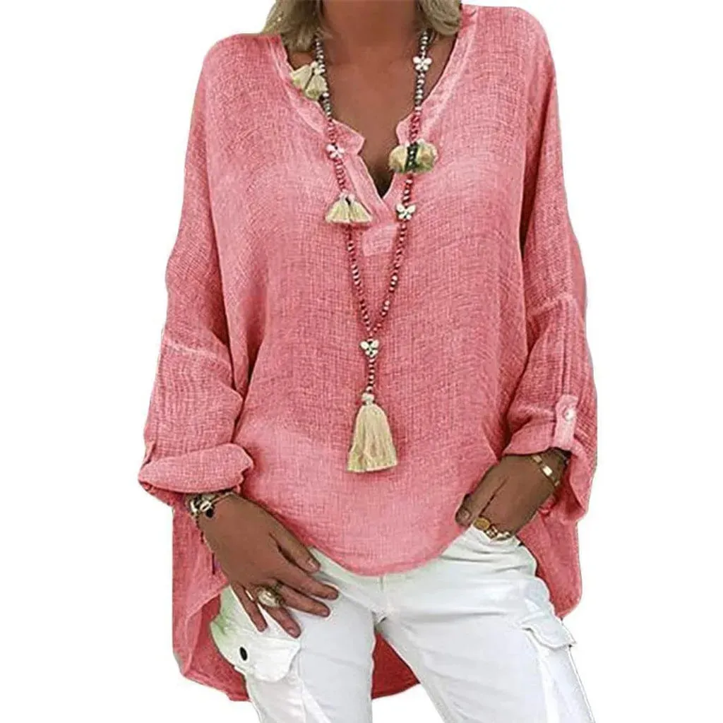 Plus Size Women's Summer New V Neck Solid Top Casual Women Linen Shirt Round Neck T-shirt Short Sleeve Tops Loose Blouse