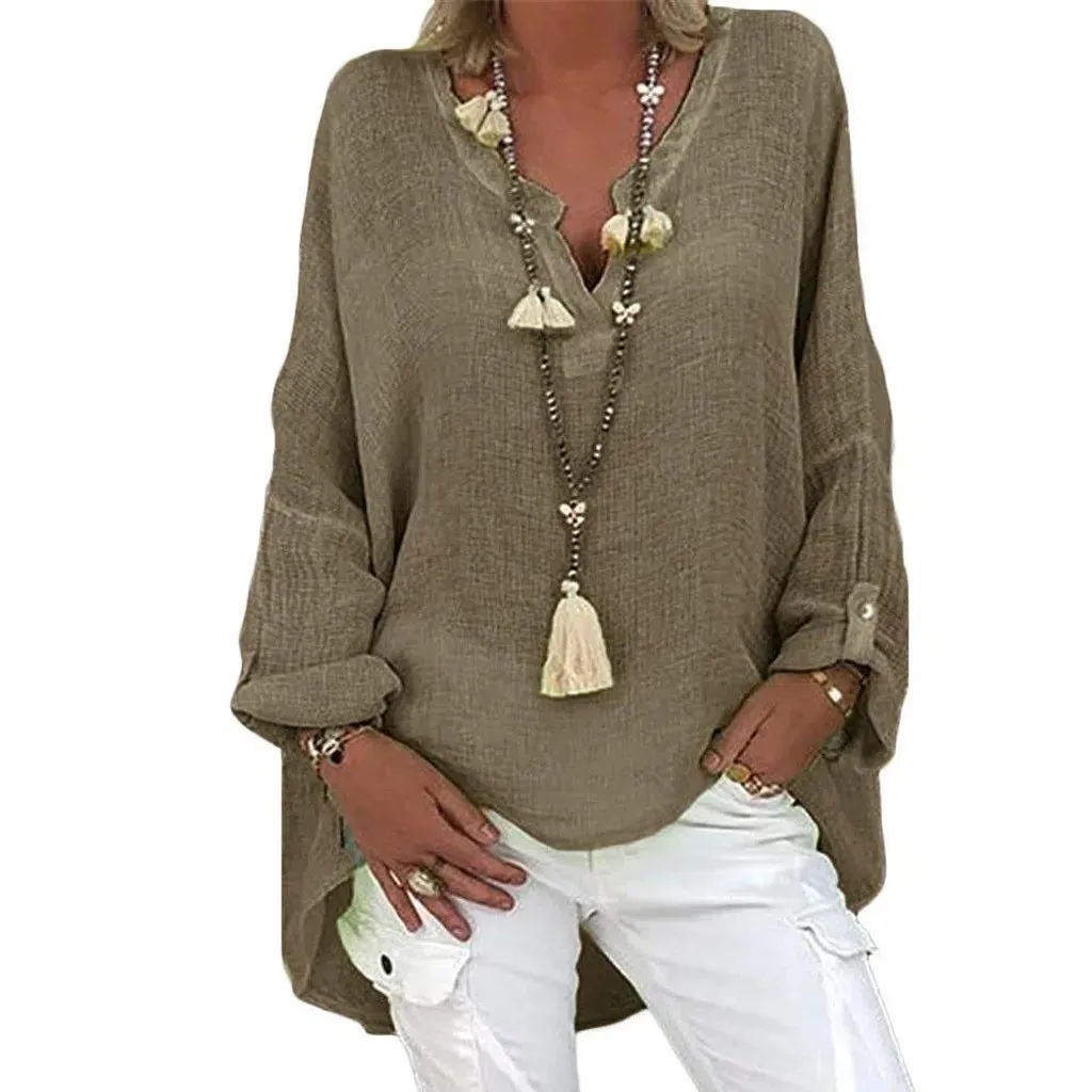 Plus Size Women's Summer New V Neck Solid Top Casual Women Linen Shirt Round Neck T-shirt Short Sleeve Tops Loose Blouse