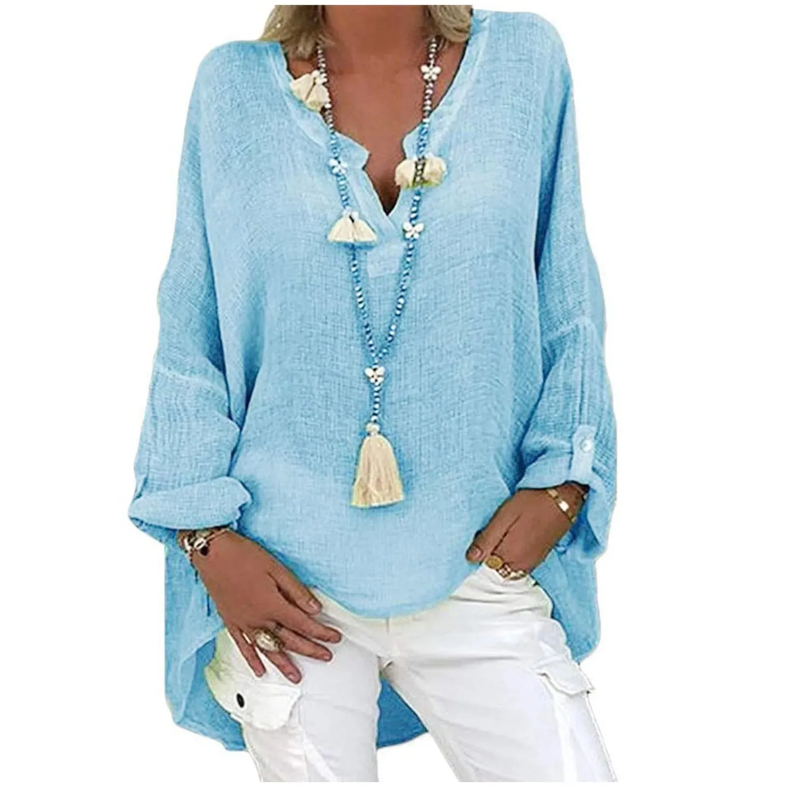 Plus Size Women's Summer New V Neck Solid Top Casual Women Linen Shirt Round Neck T-shirt Short Sleeve Tops Loose Blouse