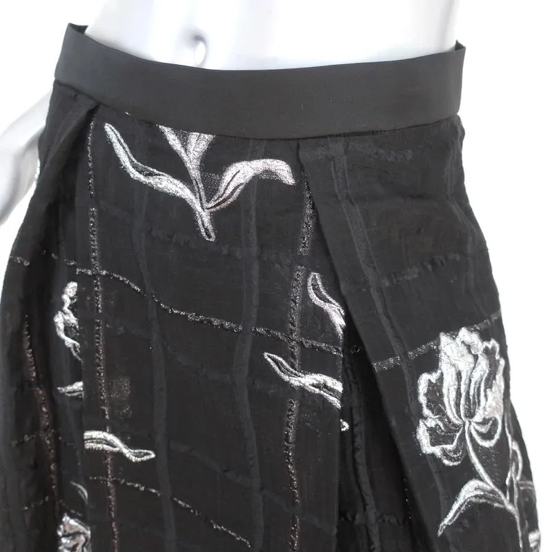 Prabal Gurung Pleated Skirt Black/Silver Metallic Floral Jacquard Size 6