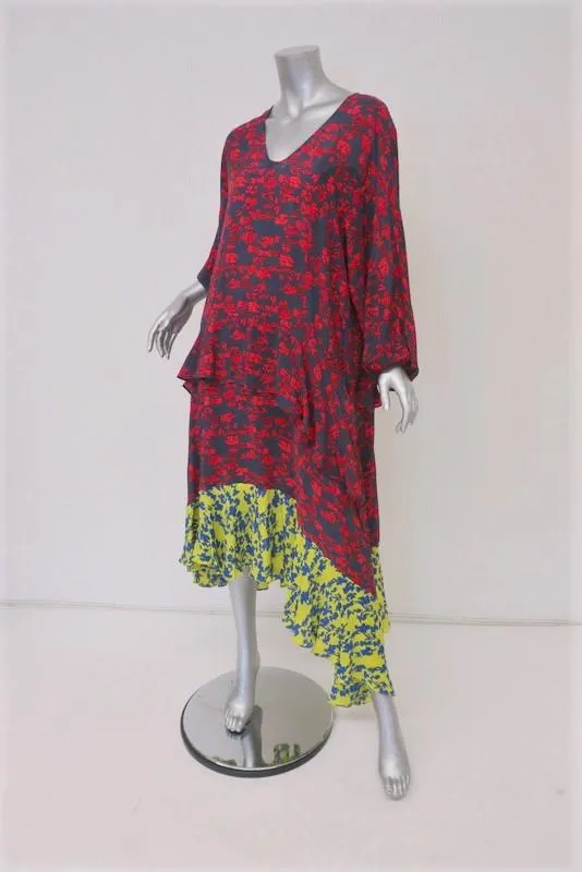 Preen Line Dress Felicity Floral Satin Crepe Size Small Asymmetric Midi NEW
