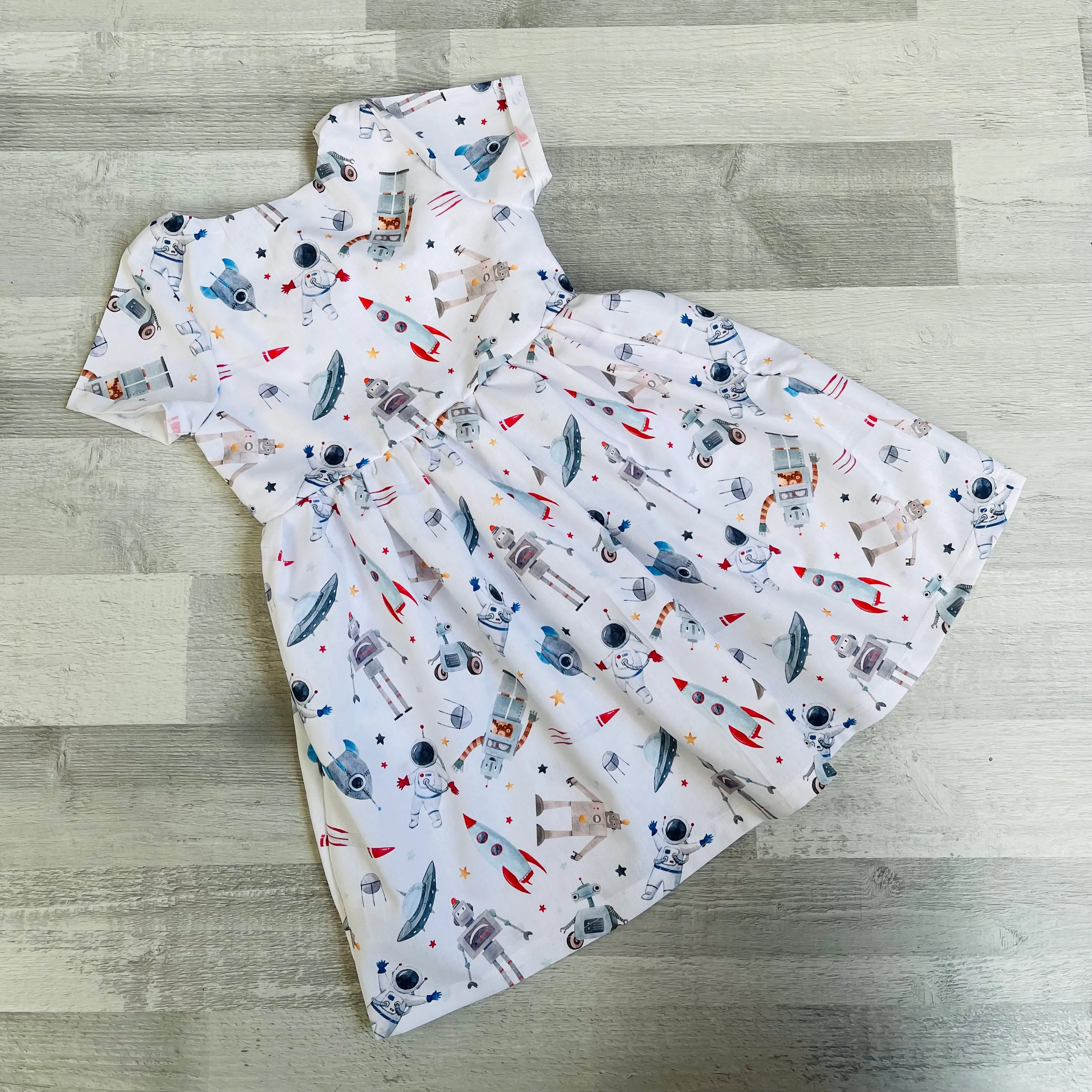 Premium 100% Cotton Sun Dress with twist back detail - Space Robots