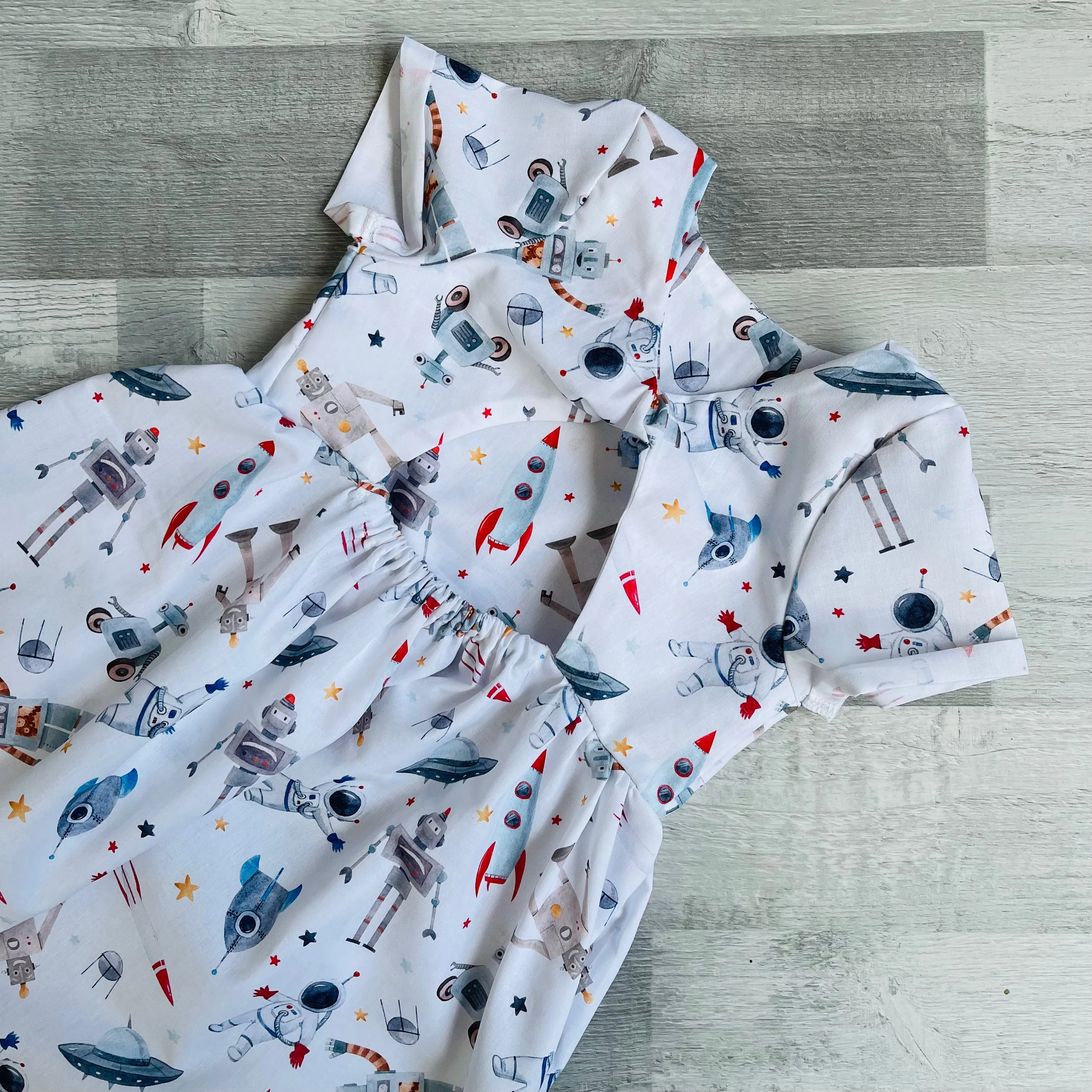 Premium 100% Cotton Sun Dress with twist back detail - Space Robots