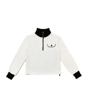 Q.C PLAY: Spandex Ribbed Pocket String Zip-Up Man-To-Man T-Shirt - Ivory