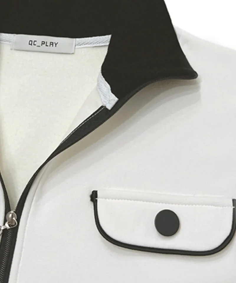Q.C PLAY: Spandex Ribbed Pocket String Zip-Up Man-To-Man T-Shirt - Ivory