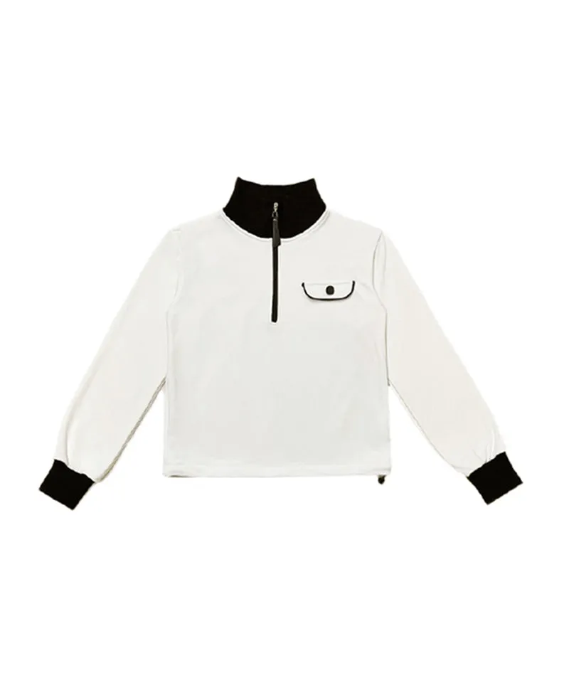 Q.C PLAY: Spandex Ribbed Pocket String Zip-Up Man-To-Man T-Shirt - Ivory