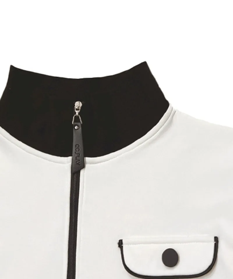 Q.C PLAY: Spandex Ribbed Pocket String Zip-Up Man-To-Man T-Shirt - Ivory