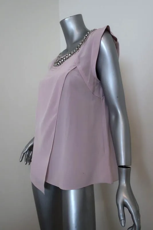 Rebecca Taylor Embellished Neck Blouse Lilac Silk Size 10 Asymmetrical Top