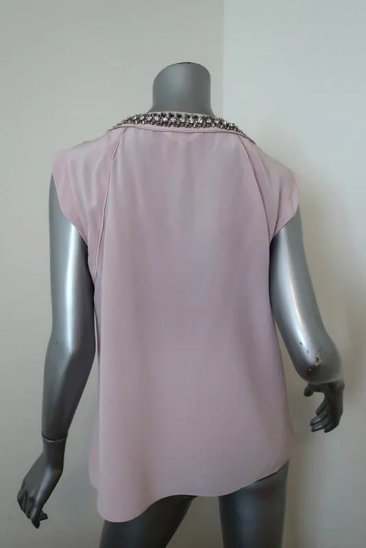 Rebecca Taylor Embellished Neck Blouse Lilac Silk Size 10 Asymmetrical Top