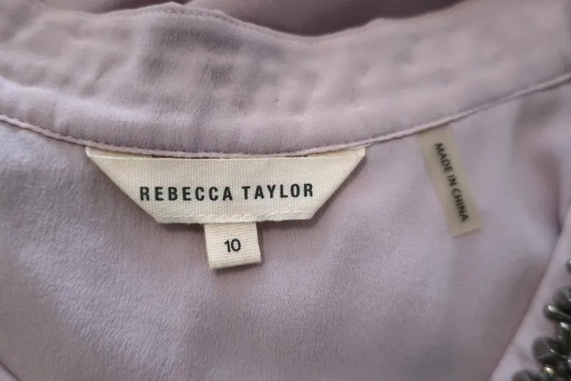 Rebecca Taylor Embellished Neck Blouse Lilac Silk Size 10 Asymmetrical Top
