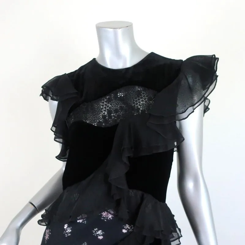 Rebecca Taylor Midi Dress Black Ruffle-Trim Velvet & Floral Jacquard Size 2