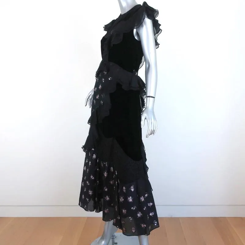 Rebecca Taylor Midi Dress Black Ruffle-Trim Velvet & Floral Jacquard Size 2