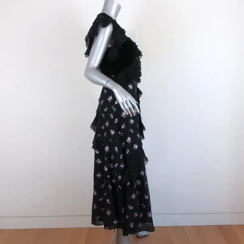 Rebecca Taylor Midi Dress Black Ruffle-Trim Velvet & Floral Jacquard Size 2