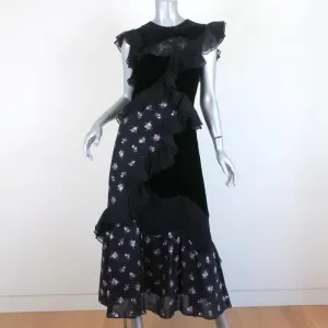 Rebecca Taylor Midi Dress Black Ruffle-Trim Velvet & Floral Jacquard Size 2