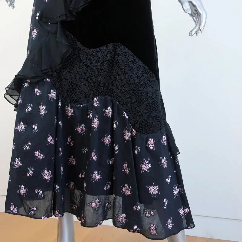 Rebecca Taylor Midi Dress Black Ruffle-Trim Velvet & Floral Jacquard Size 2