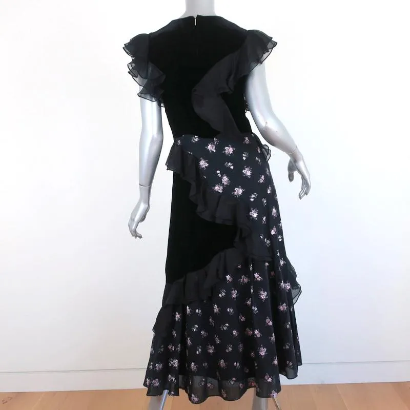 Rebecca Taylor Midi Dress Black Ruffle-Trim Velvet & Floral Jacquard Size 2