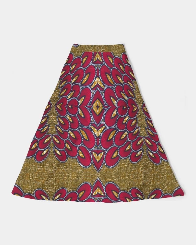 Red Gold African print Women's A-Line Midi Skirt