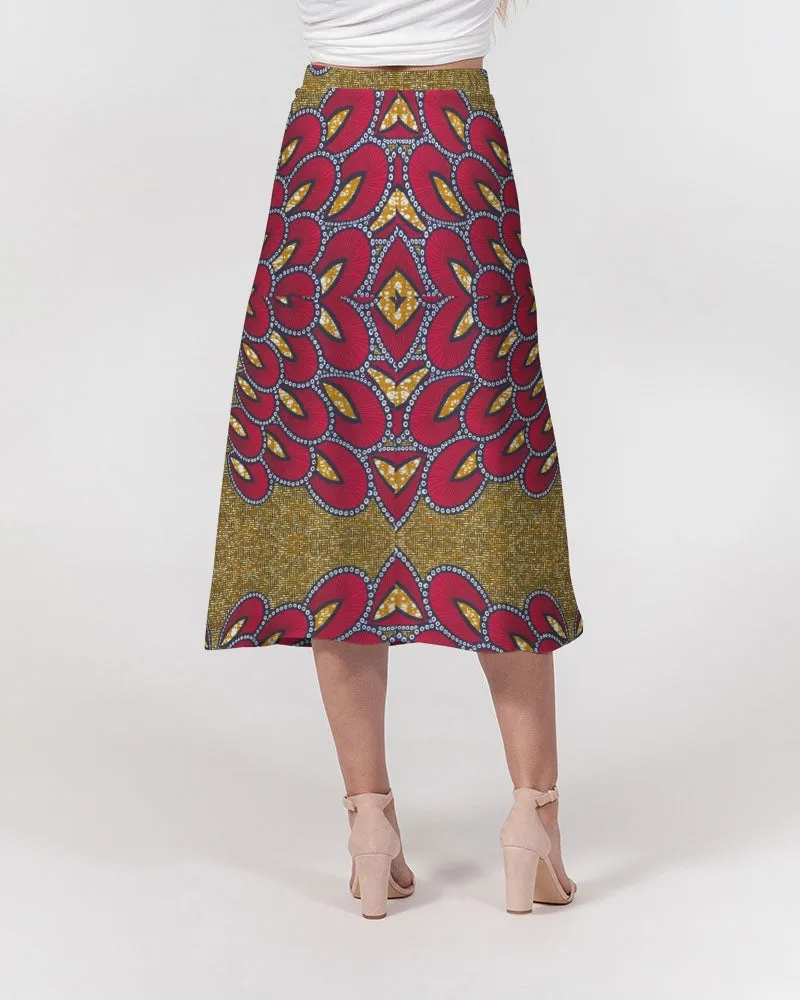 Red Gold African print Women's A-Line Midi Skirt