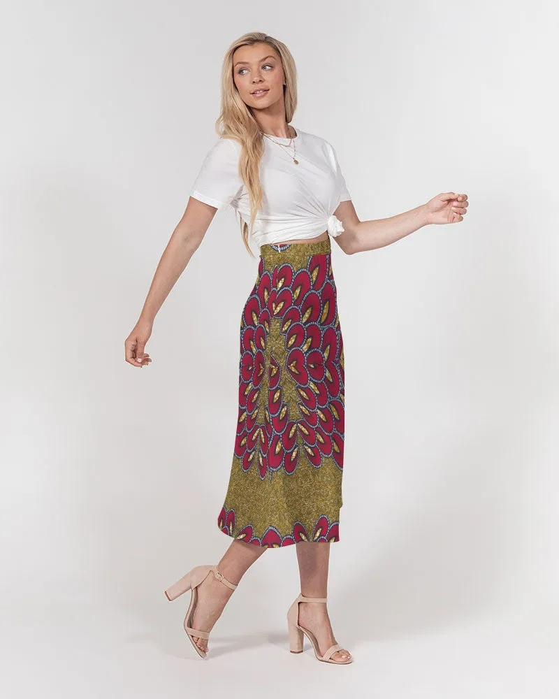 Red Gold African print Women's A-Line Midi Skirt
