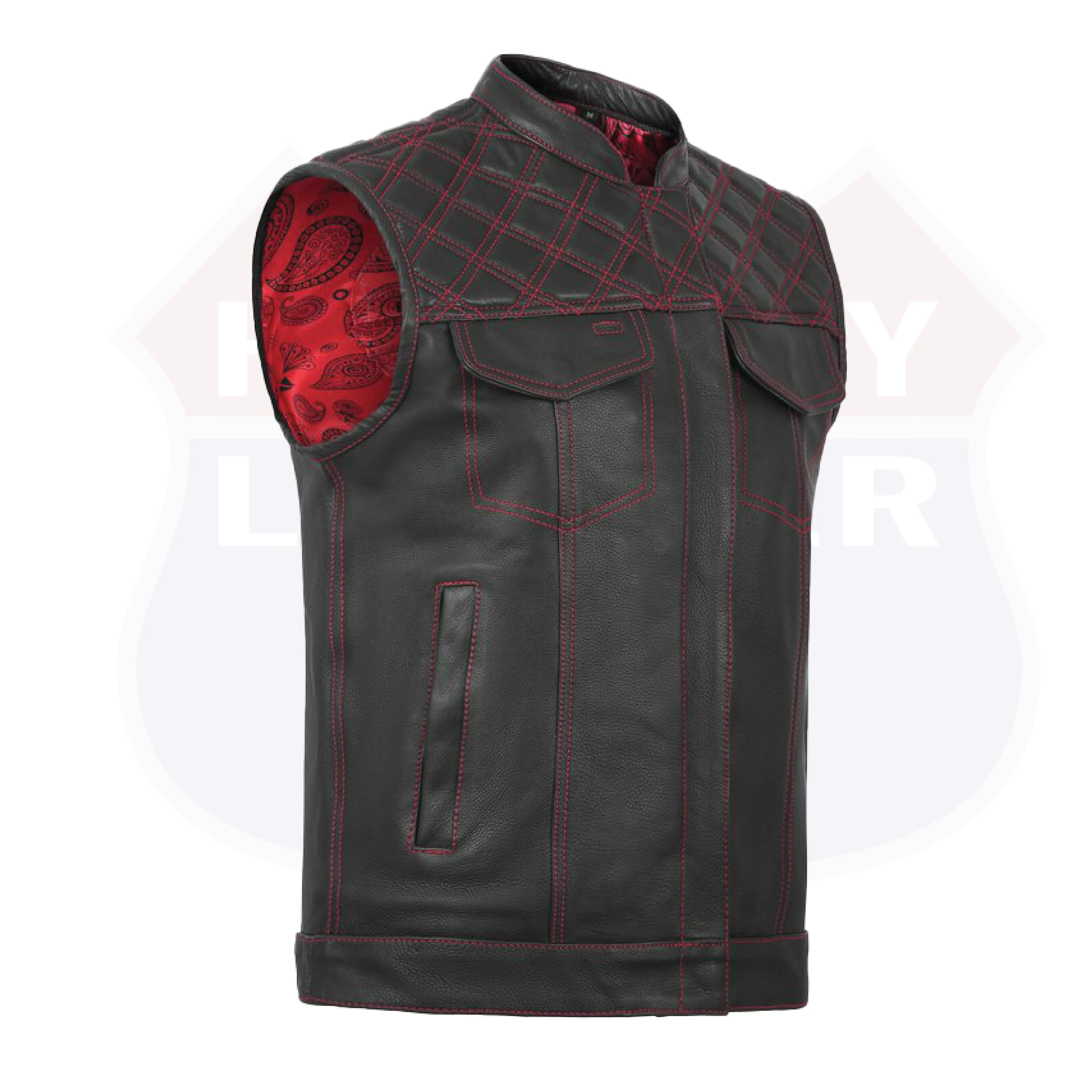 RED HL11693SPTRED Black Men Cross Stitch Club Leather Vest
