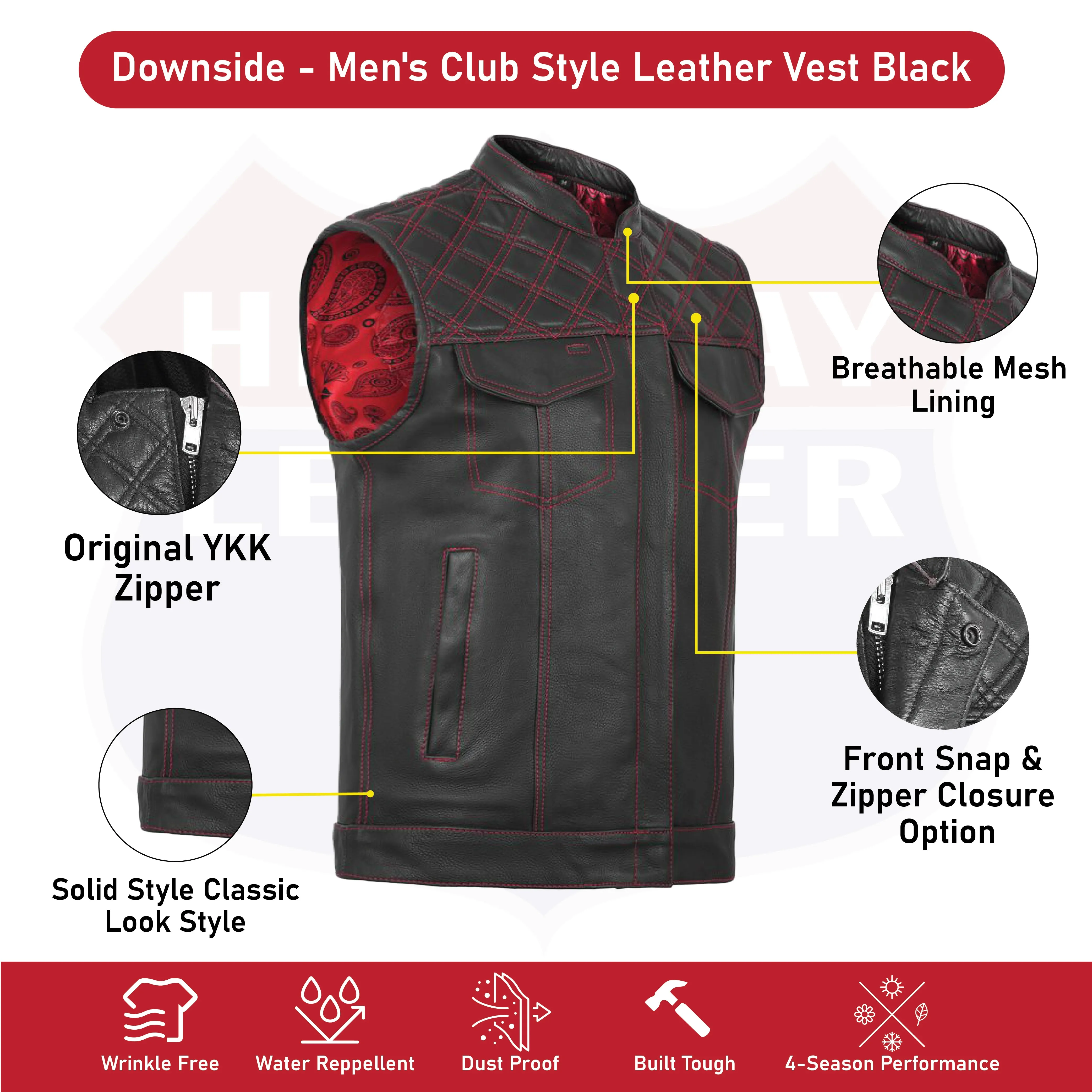 RED HL11693SPTRED Black Men Cross Stitch Club Leather Vest