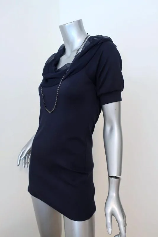 Rivamonti Top with Attached Necklace Navy Cotton Jersey & Chiffon Size Large