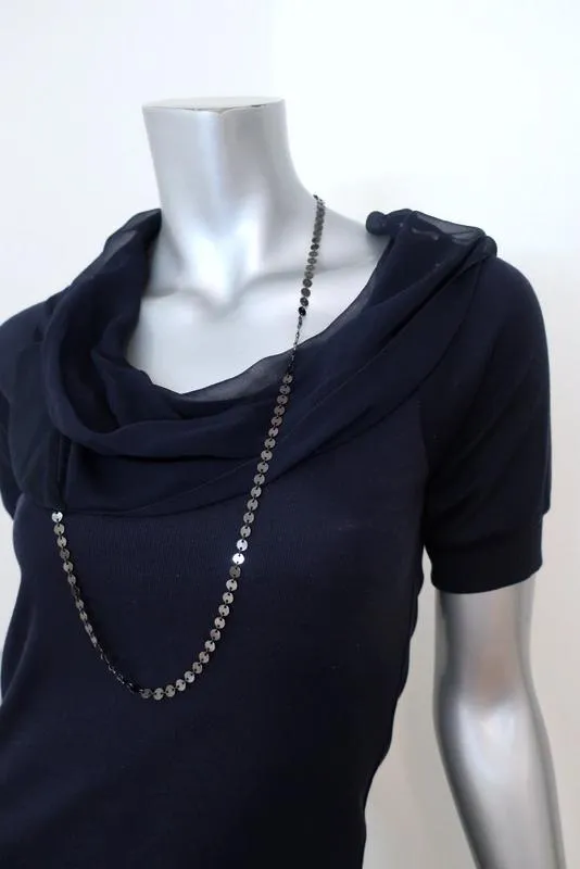 Rivamonti Top with Attached Necklace Navy Cotton Jersey & Chiffon Size Large