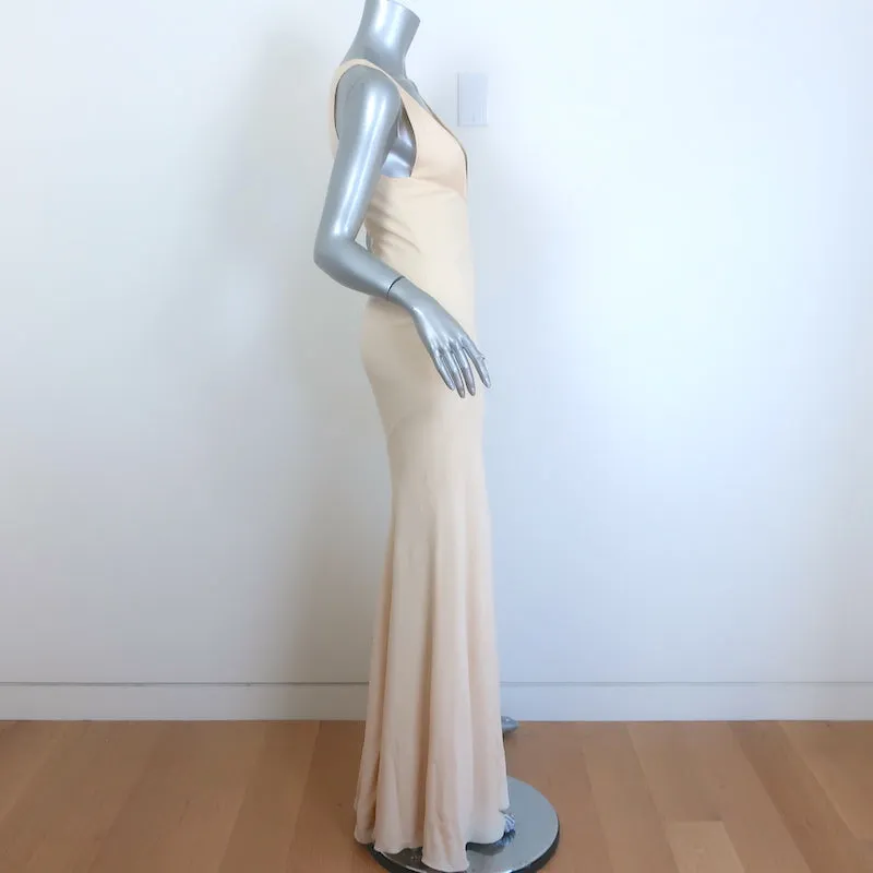 Roberto Cavalli Plunging Gown Ivory Stretch Silk Size 40 Sleeveless Maxi Dress