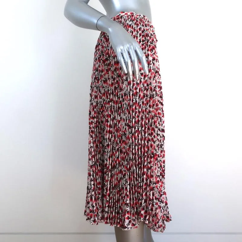 Rochas Pleated Midi Skirt White/Red Roses Print Silk Chiffon Size 42 NEW