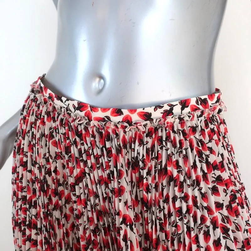 Rochas Pleated Midi Skirt White/Red Roses Print Silk Chiffon Size 42 NEW